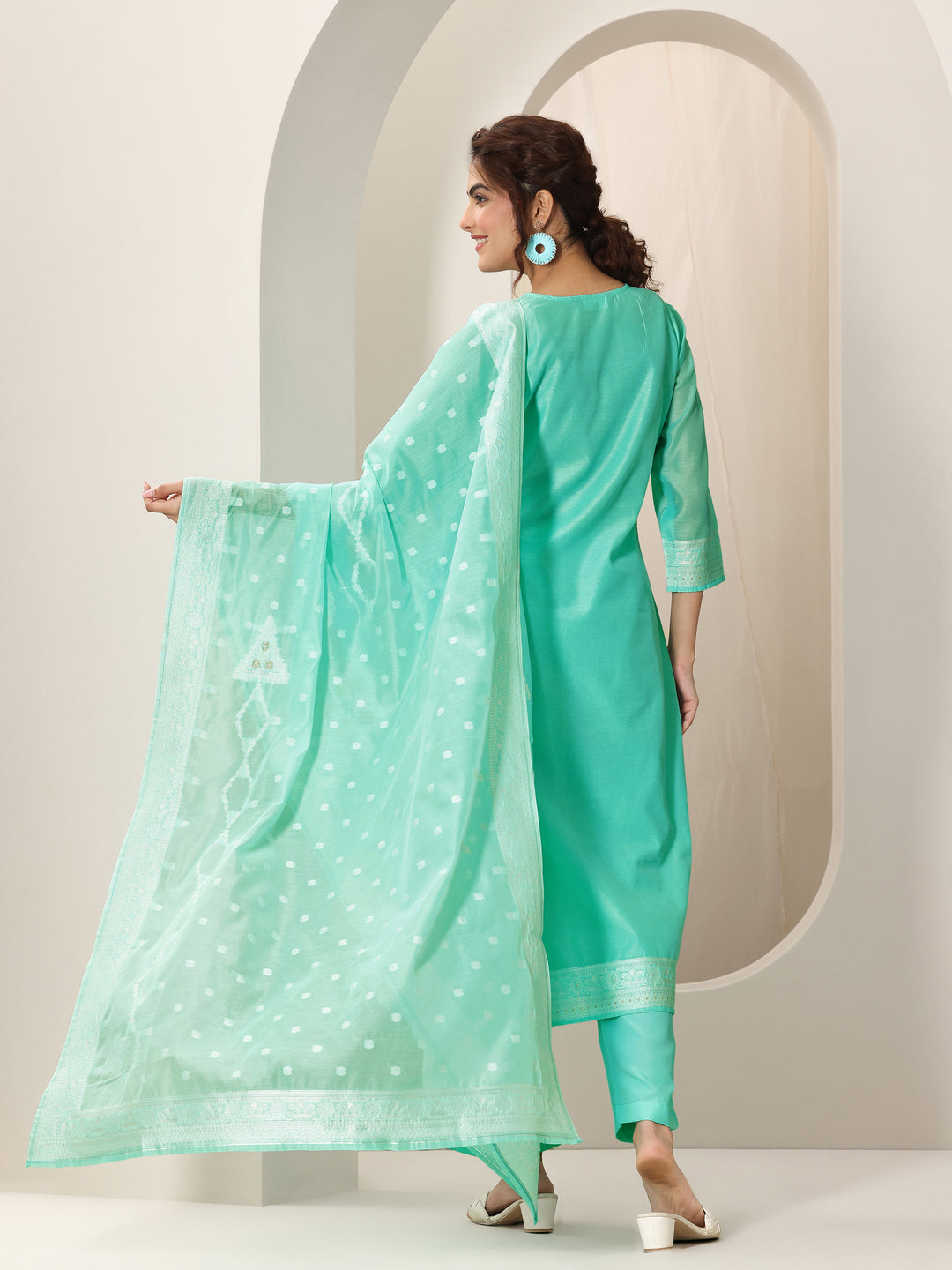 Turquoise Blue Woven Design Chanderi Silk Straight Suit Set With Dupatta