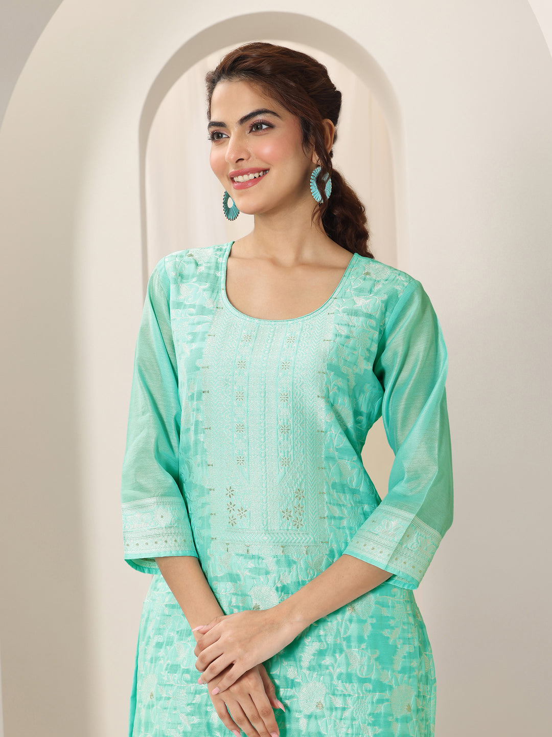 Turquoise Blue Woven Design Chanderi Silk Straight Suit Set With Dupatta