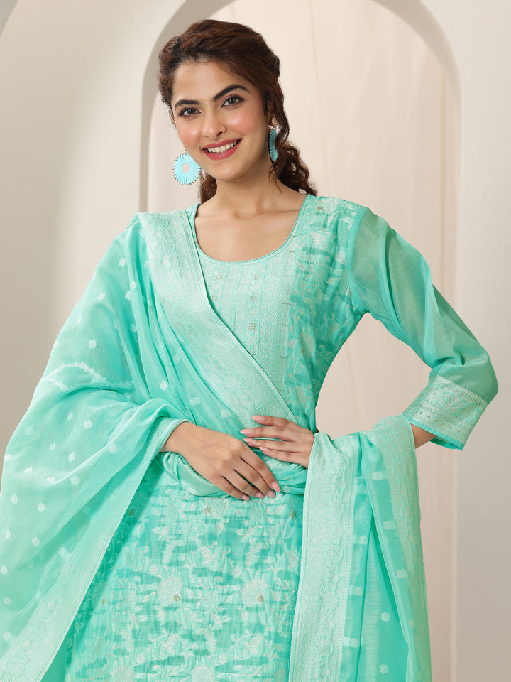 Turquoise Blue Woven Design Chanderi Silk Straight Suit Set With Dupatta