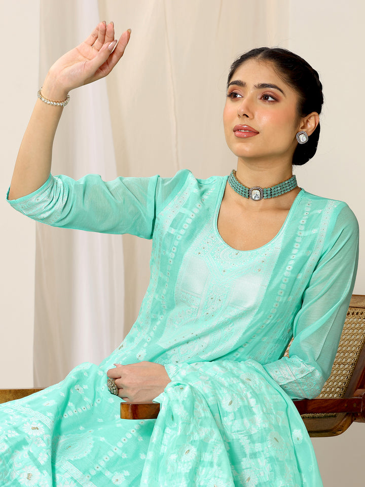 Turquoise Blue Woven Design Chanderi Silk Straight Suit Set With Dupatta