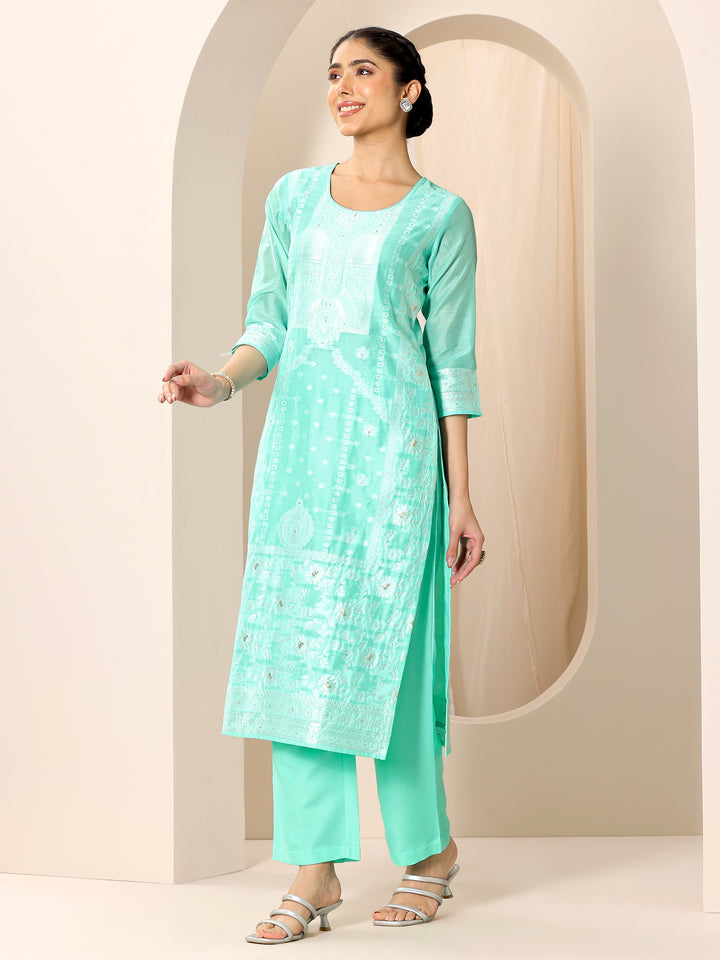 Turquoise Blue Woven Design Chanderi Silk Straight Suit Set With Dupatta
