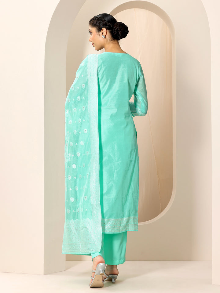Turquoise Blue Woven Design Chanderi Silk Straight Suit Set With Dupatta