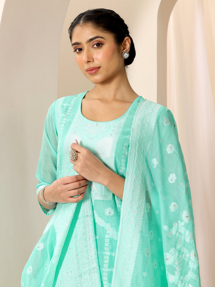 Turquoise Blue Woven Design Chanderi Silk Straight Suit Set With Dupatta