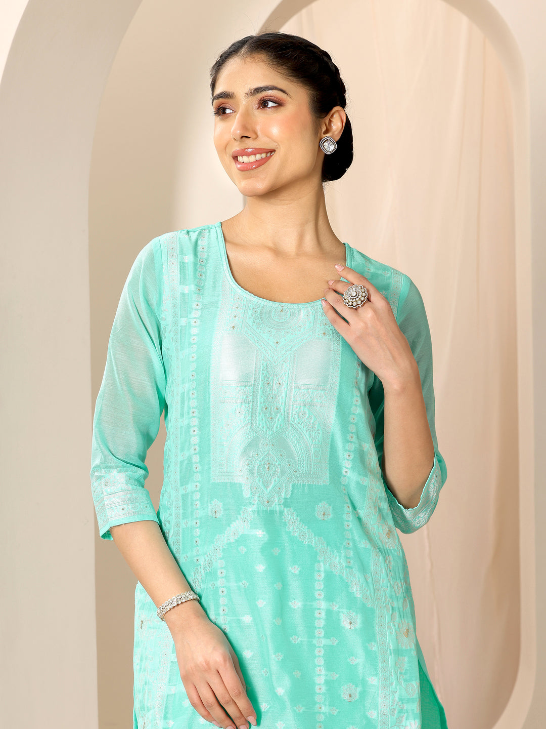 Turquoise Blue Woven Design Chanderi Silk Straight Suit Set With Dupatta