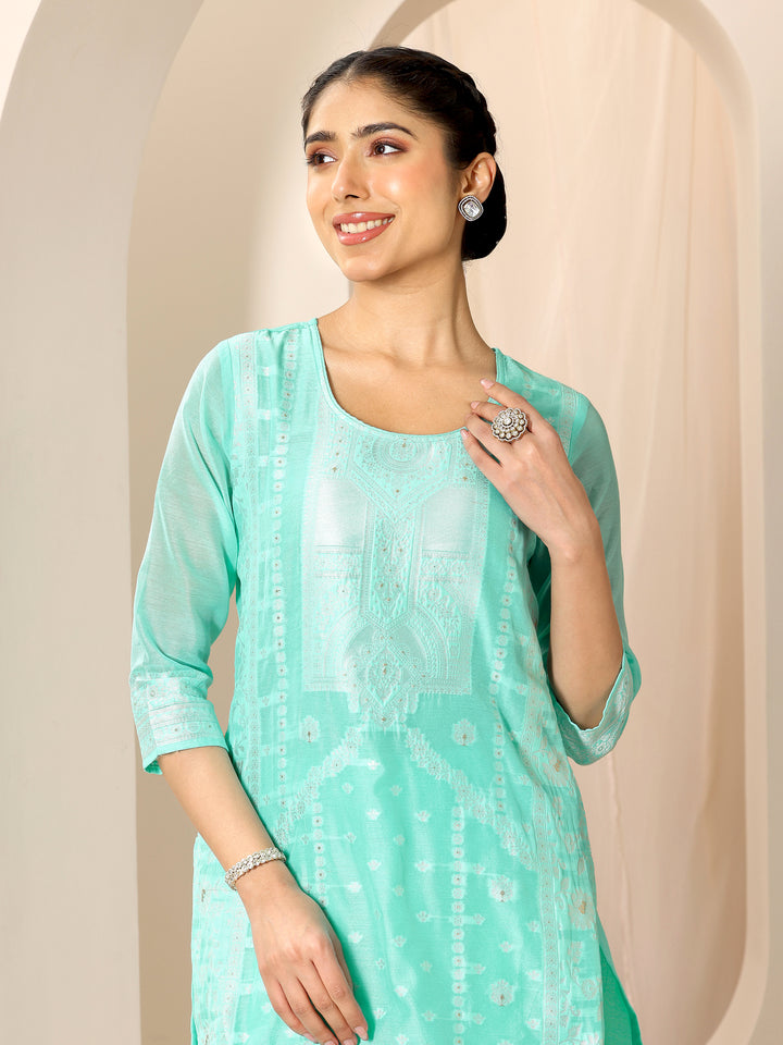 Turquoise Blue Woven Design Chanderi Silk Straight Suit Set With Dupatta
