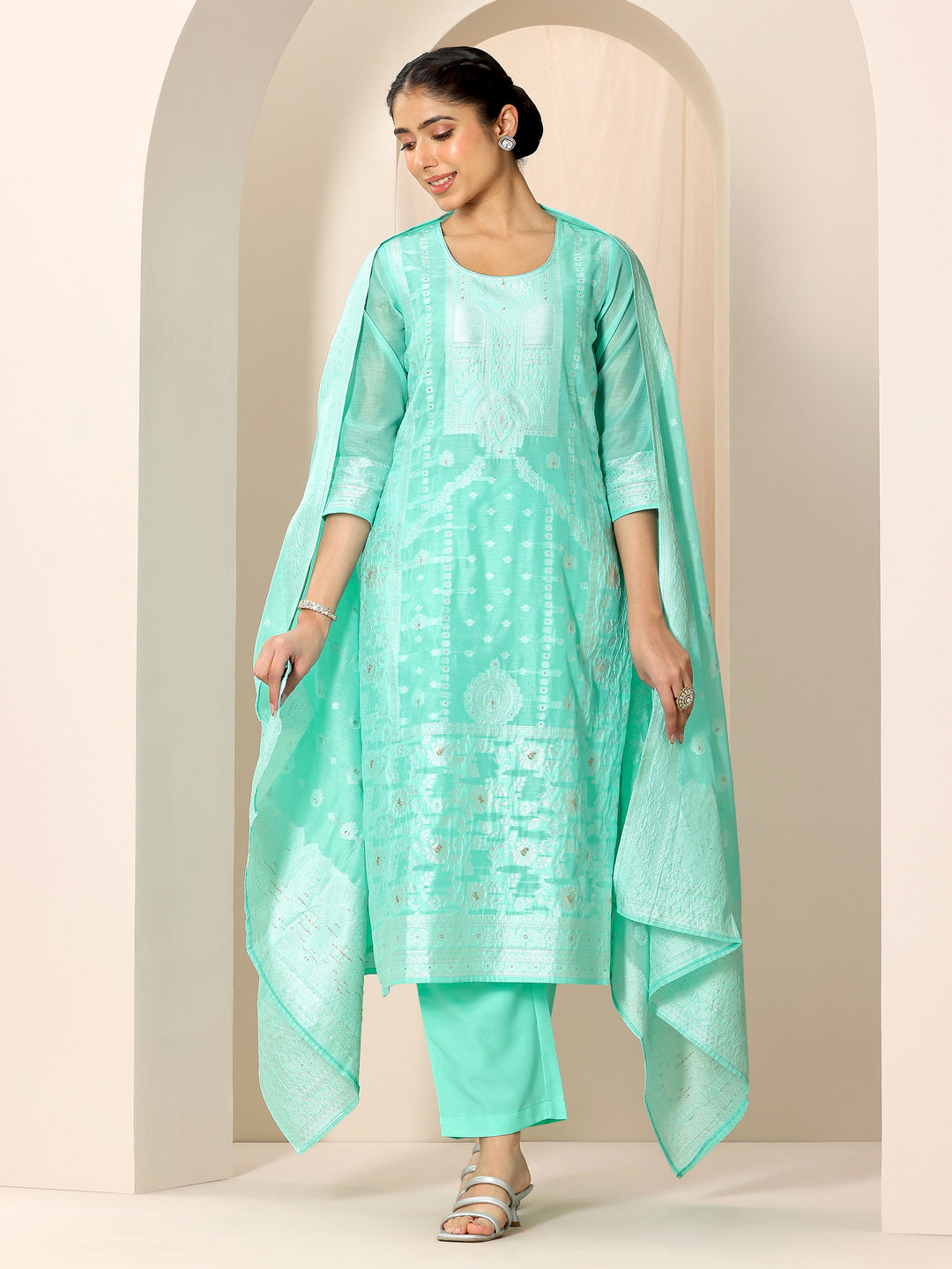Turquoise Blue Woven Design Chanderi Silk Straight Suit Set With Dupatta
