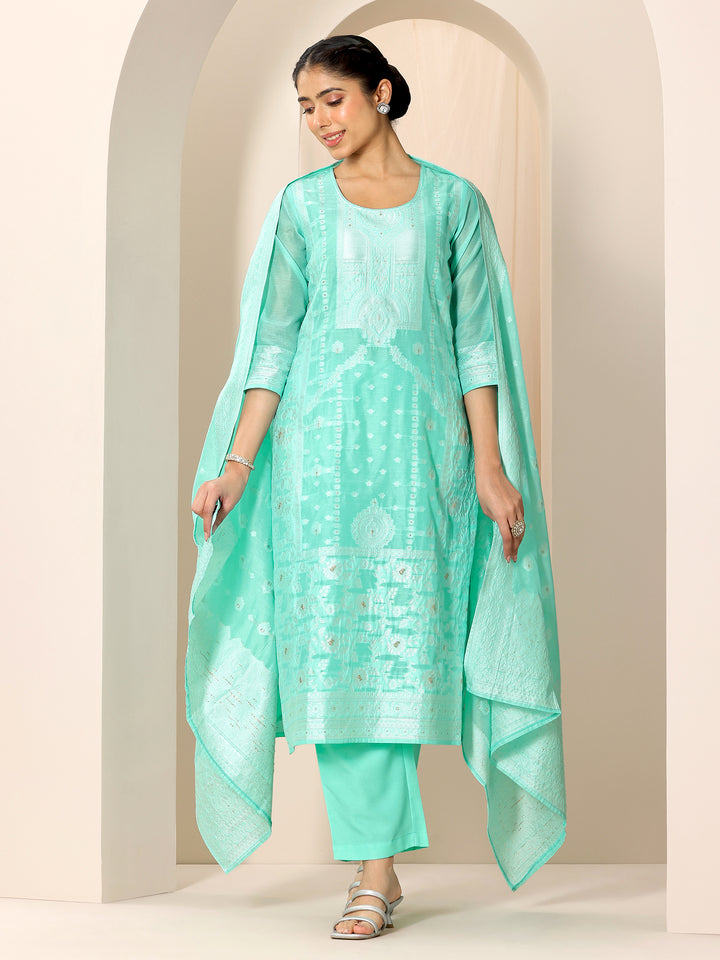 Turquoise Blue Woven Design Chanderi Silk Straight Suit Set With Dupatta