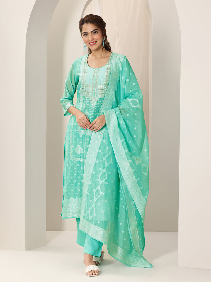 Turquoise Blue Woven Design Chanderi Silk Straight Suit Set With Dupatta