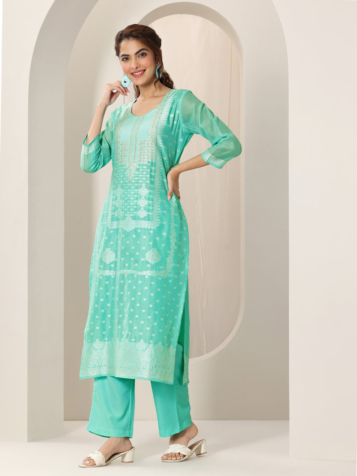 Turquoise Blue Woven Design Chanderi Silk Straight Suit Set With Dupatta