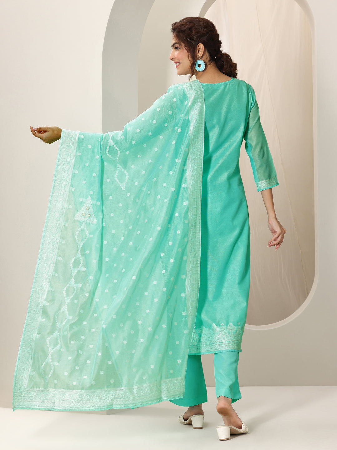 Turquoise Blue Woven Design Chanderi Silk Straight Suit Set With Dupatta