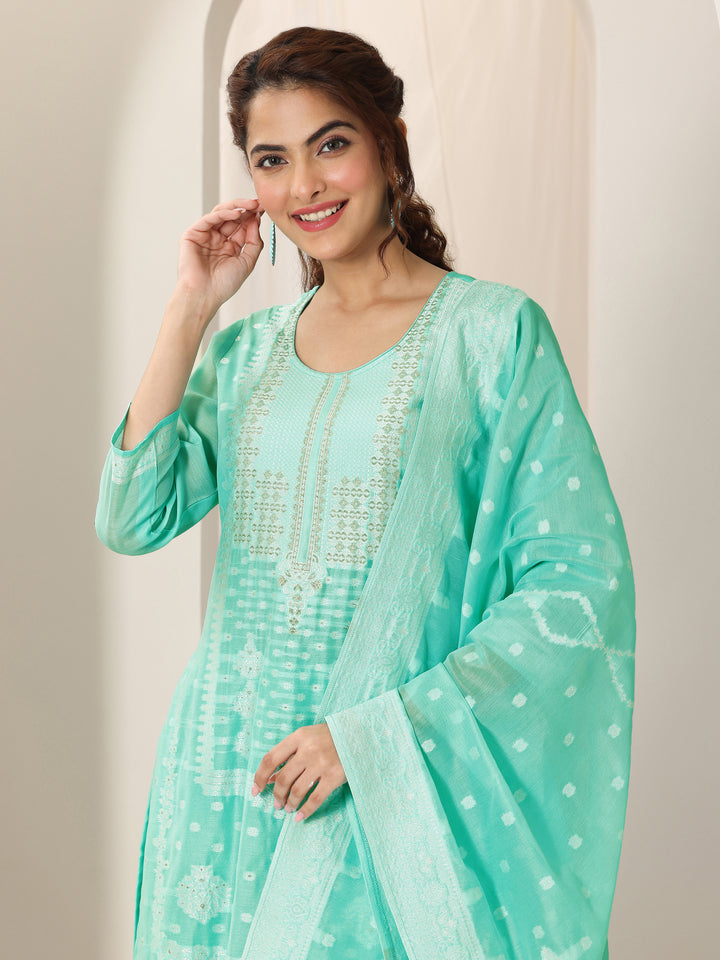 Turquoise Blue Woven Design Chanderi Silk Straight Suit Set With Dupatta