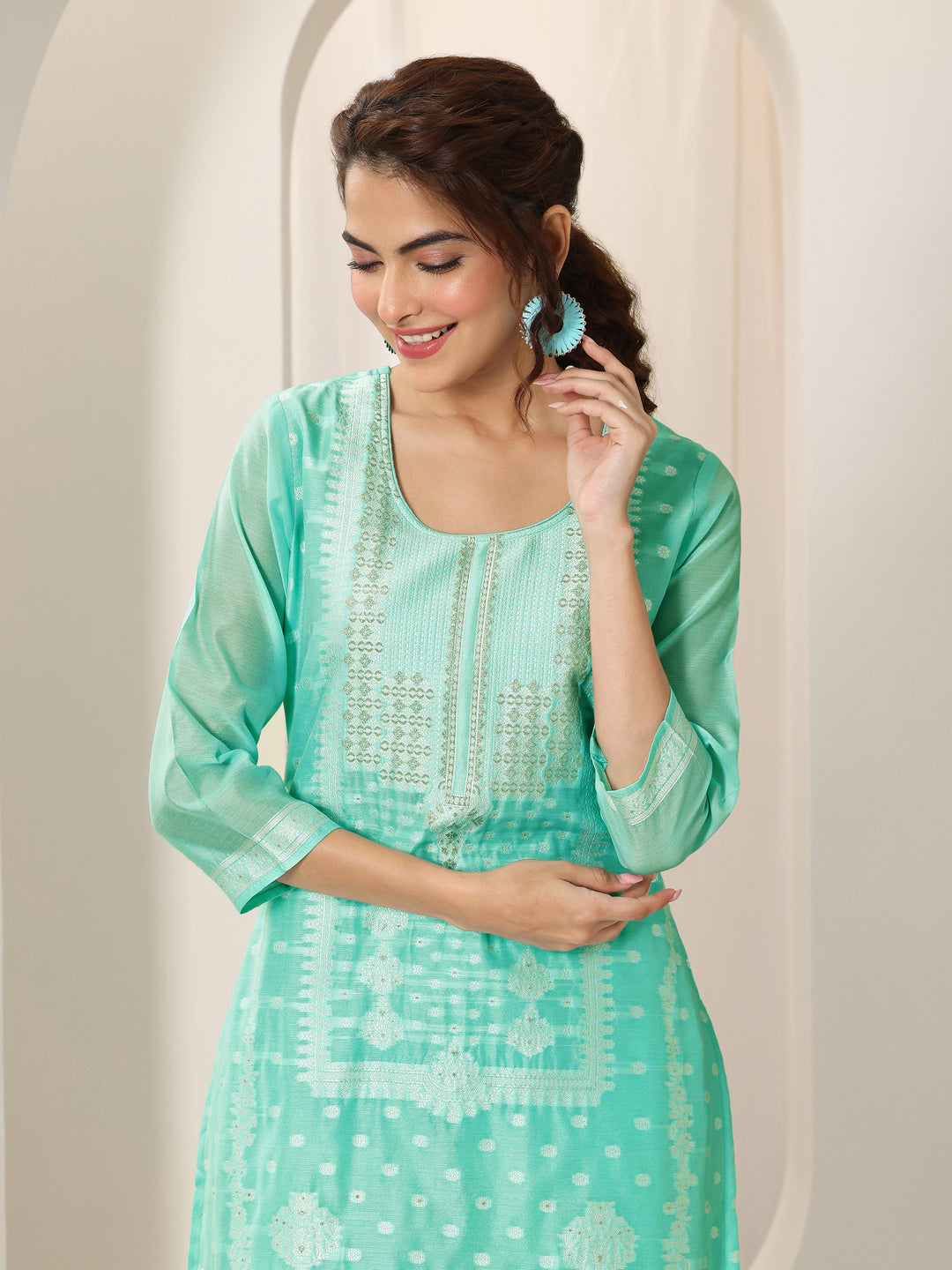 Turquoise Blue Woven Design Chanderi Silk Straight Suit Set With Dupatta