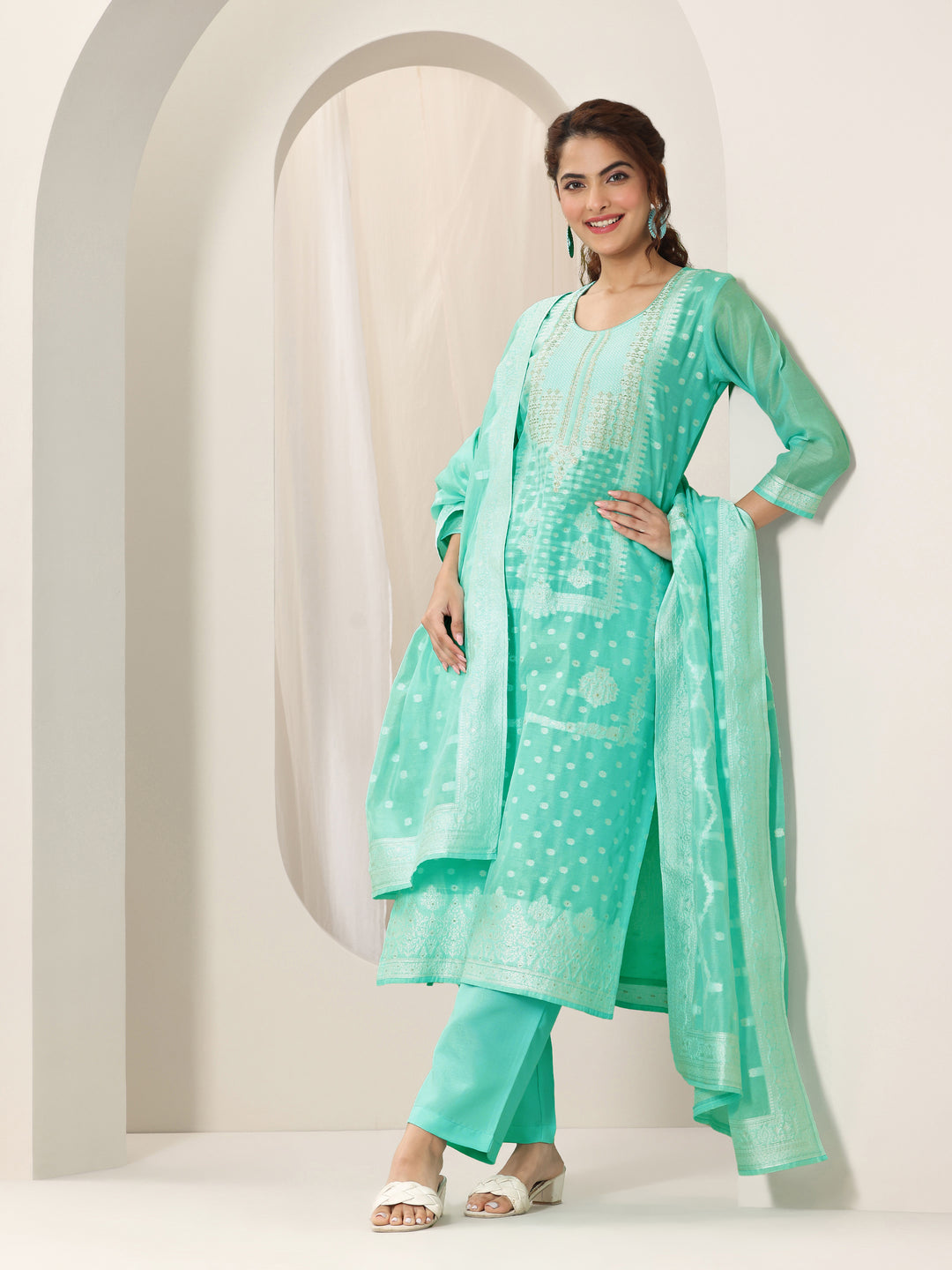 Turquoise Blue Woven Design Chanderi Silk Straight Suit Set With Dupatta