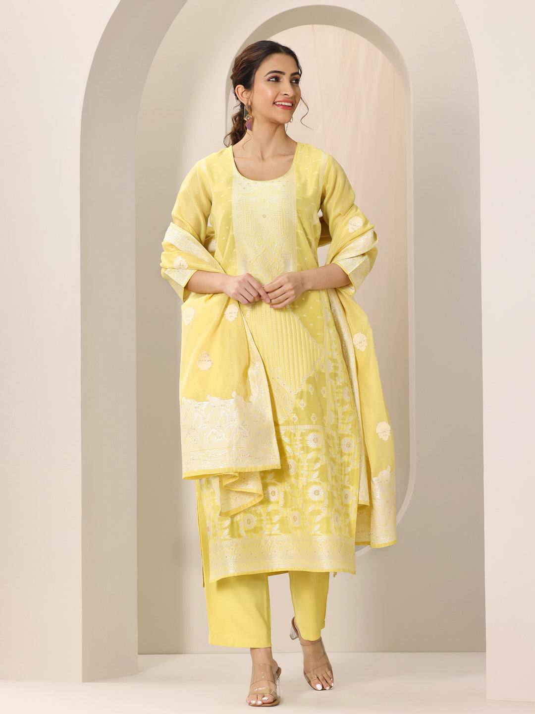 Yellow Woven Design Chanderi Silk Straight Suit Set With Dupatta