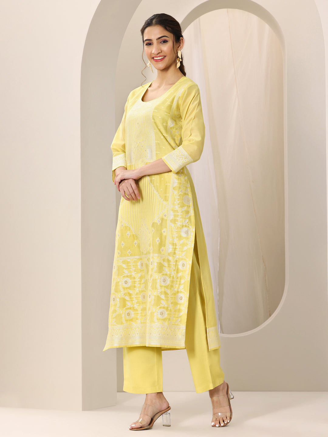Yellow Woven Design Chanderi Silk Straight Suit Set With Dupatta