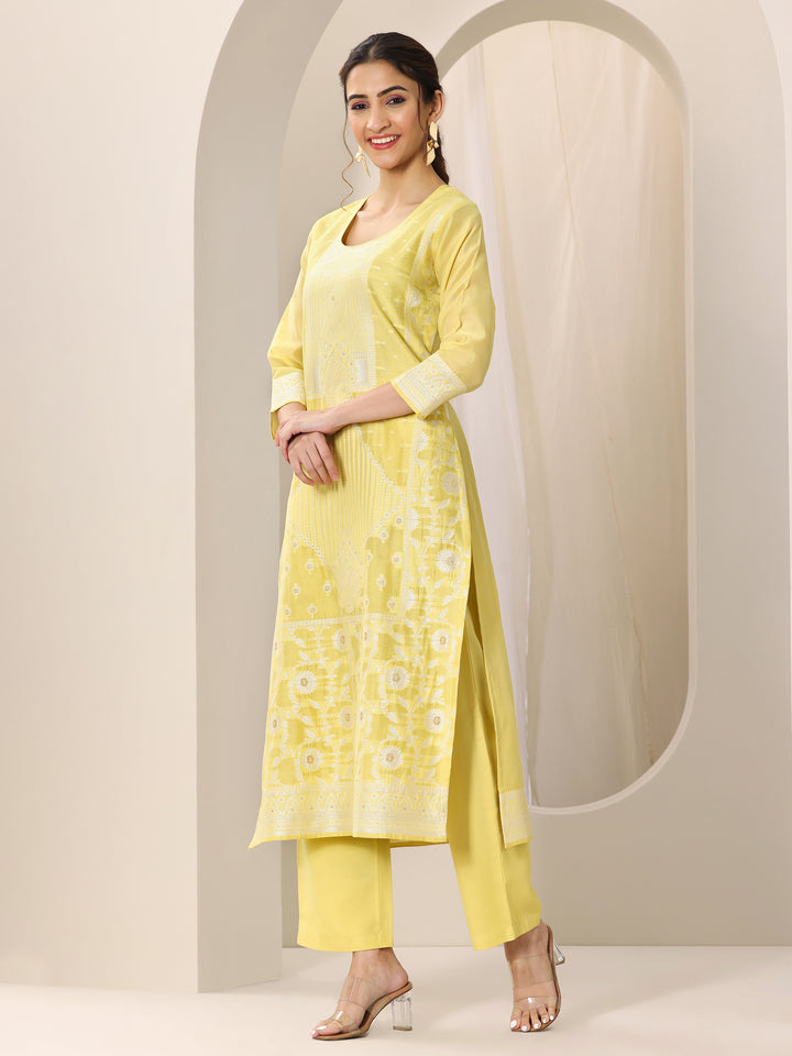 Yellow Woven Design Chanderi Silk Straight Suit Set With Dupatta