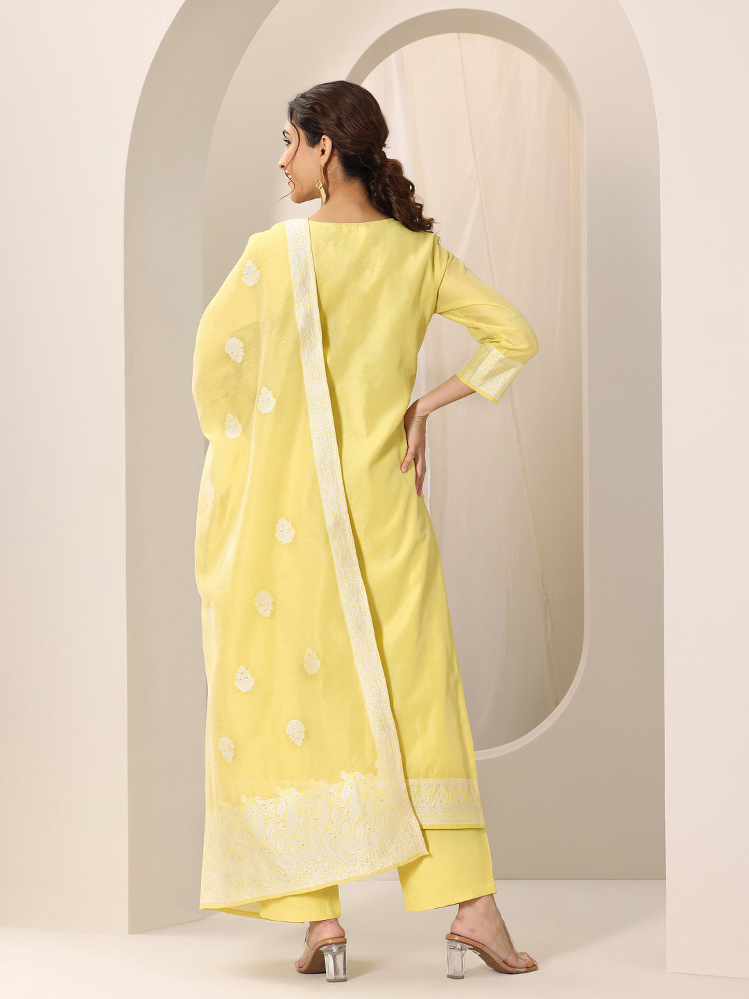 Yellow Woven Design Chanderi Silk Straight Suit Set With Dupatta