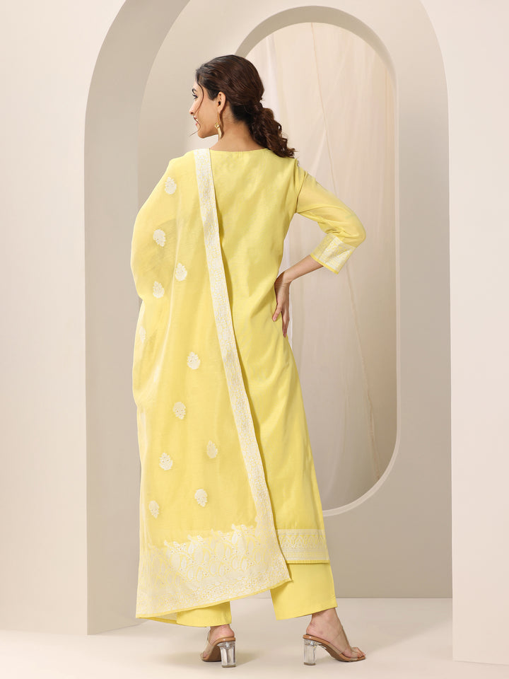 Yellow Woven Design Chanderi Silk Straight Suit Set With Dupatta