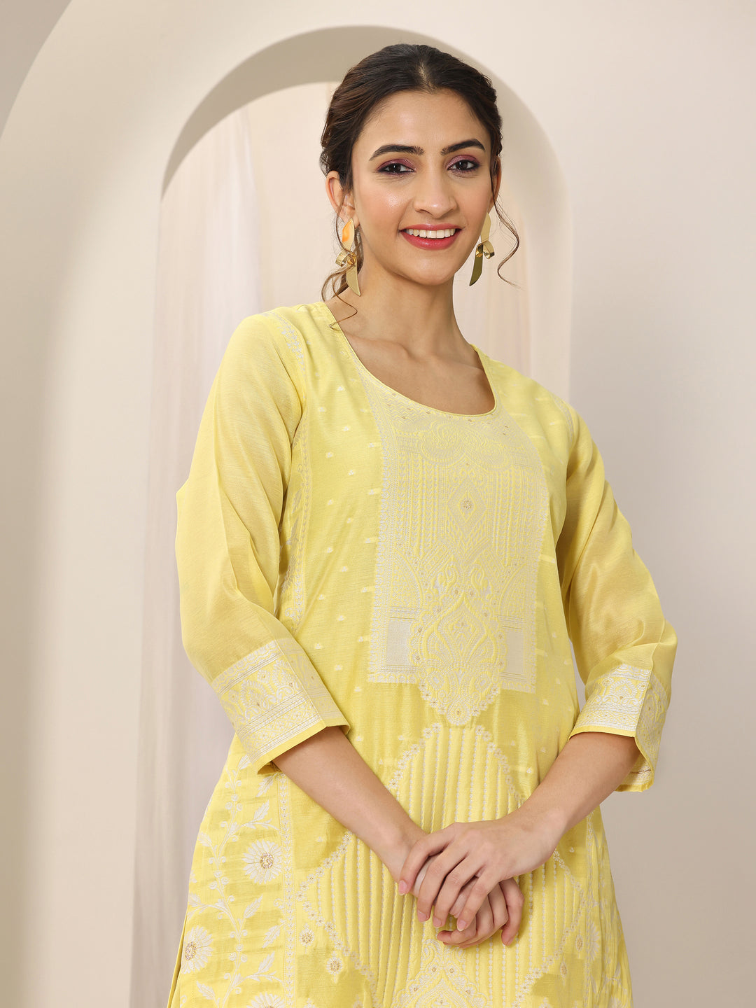 Yellow Woven Design Chanderi Silk Straight Suit Set With Dupatta