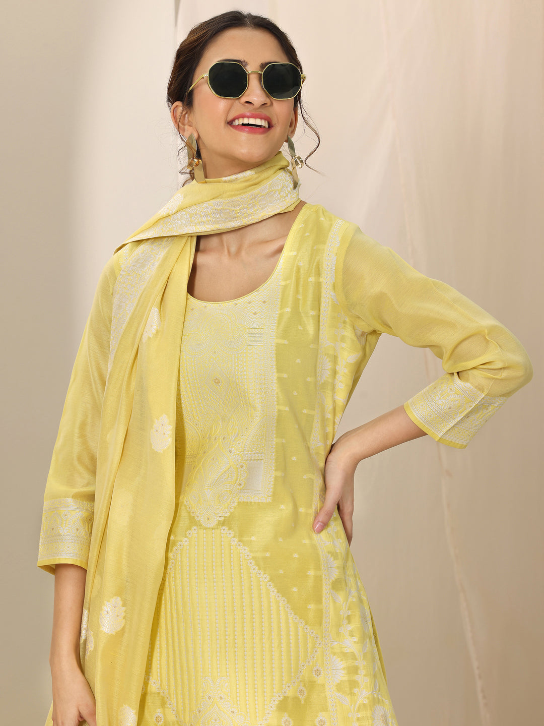 Yellow Woven Design Chanderi Silk Straight Suit Set With Dupatta