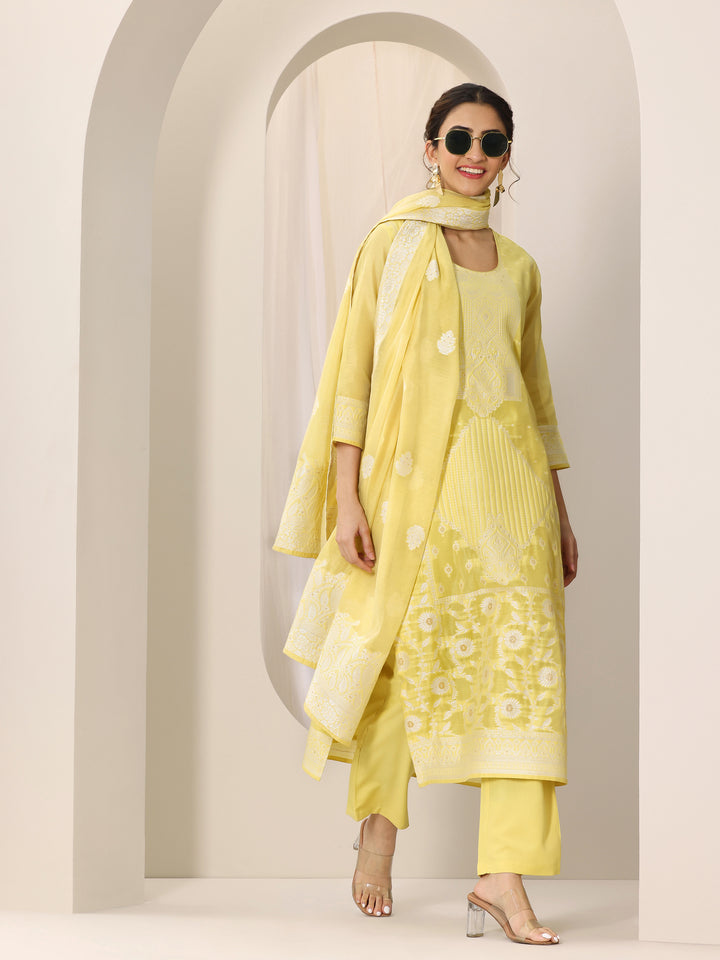 Yellow Woven Design Chanderi Silk Straight Suit Set With Dupatta