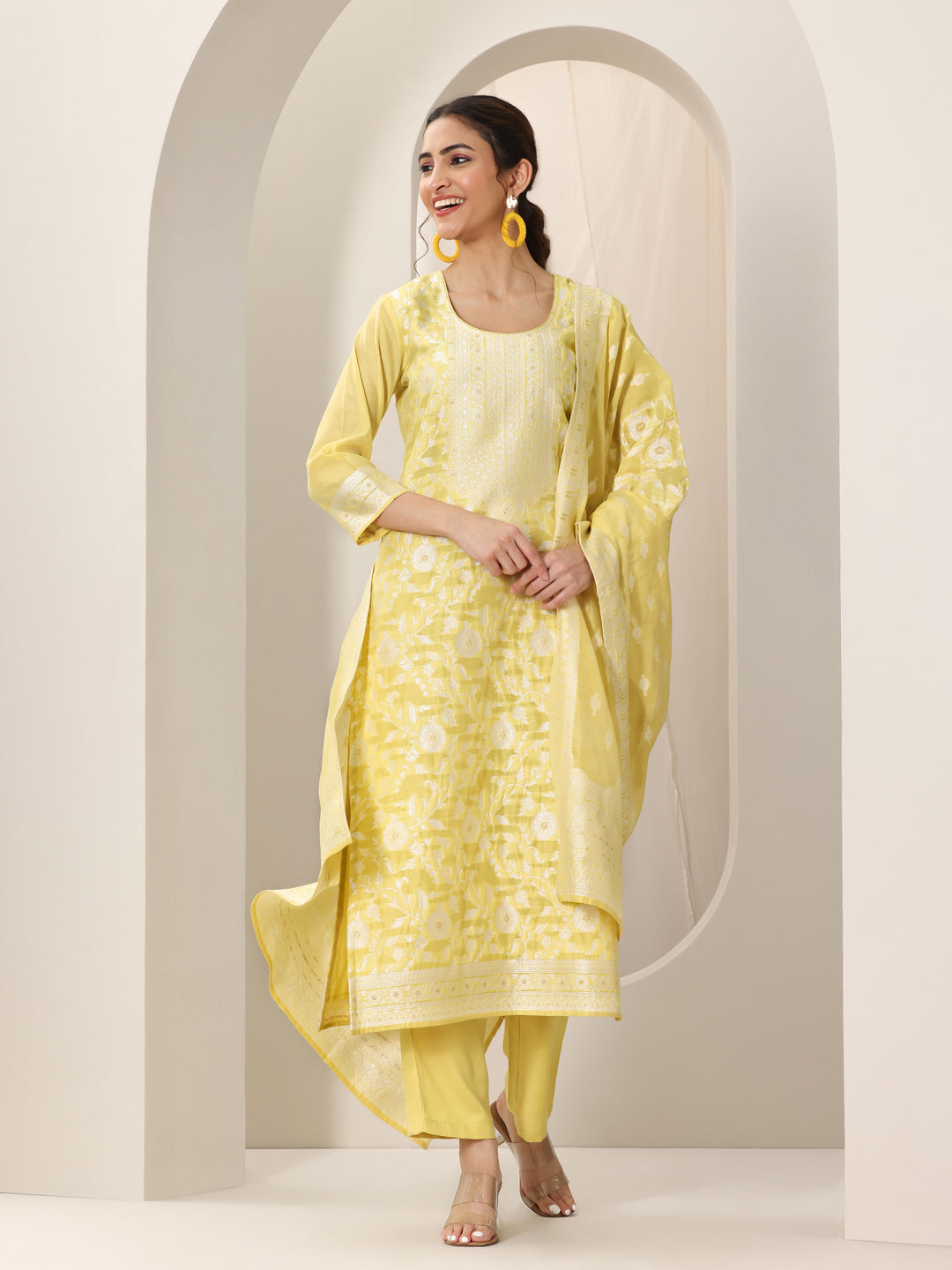 Yellow Woven Design Chanderi Silk Straight Suit Set With Dupatta