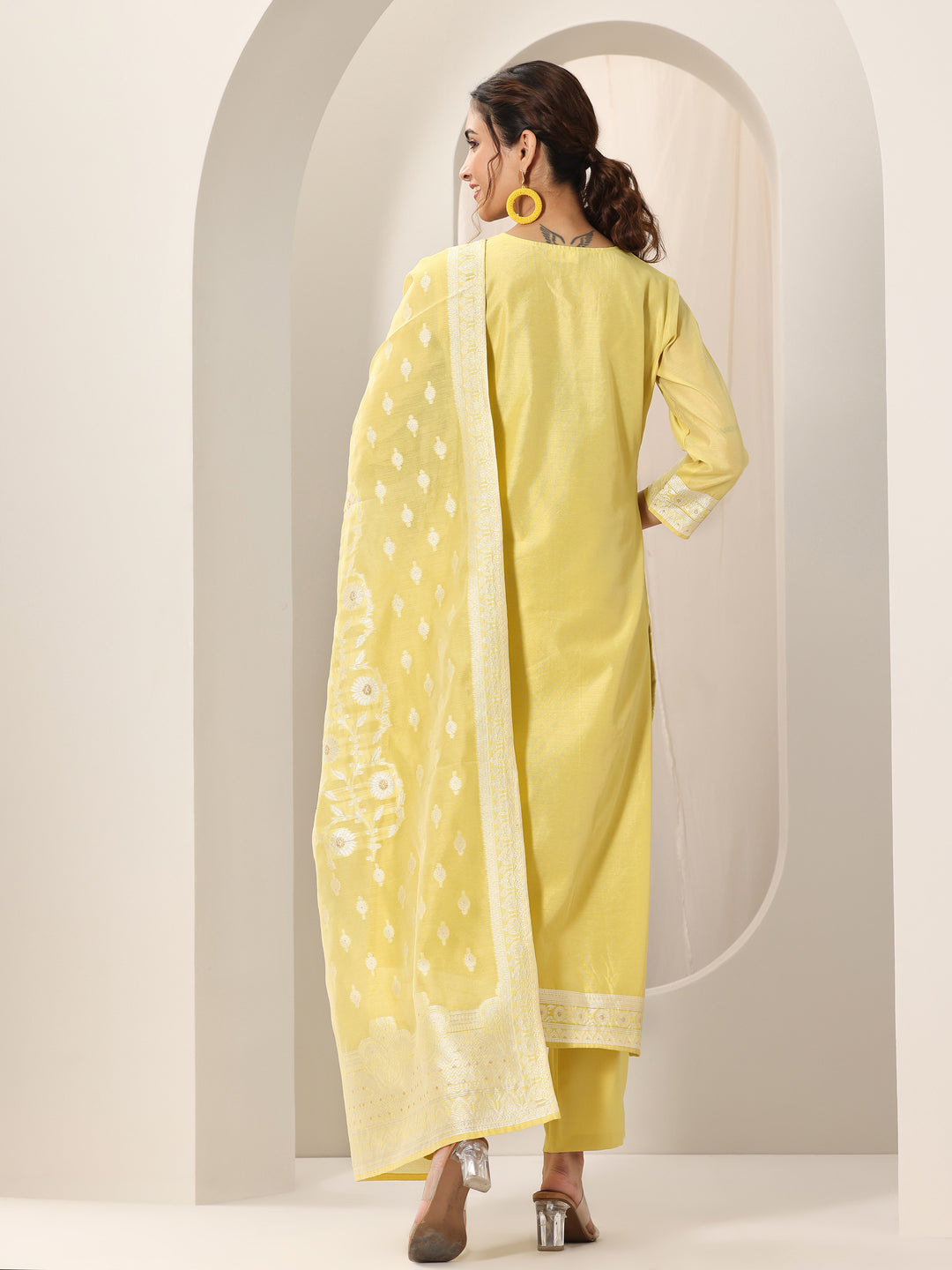 Yellow Woven Design Chanderi Silk Straight Suit Set With Dupatta