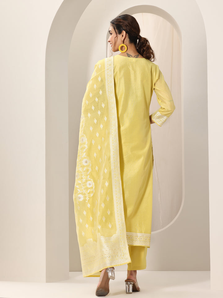 Yellow Woven Design Chanderi Silk Straight Suit Set With Dupatta