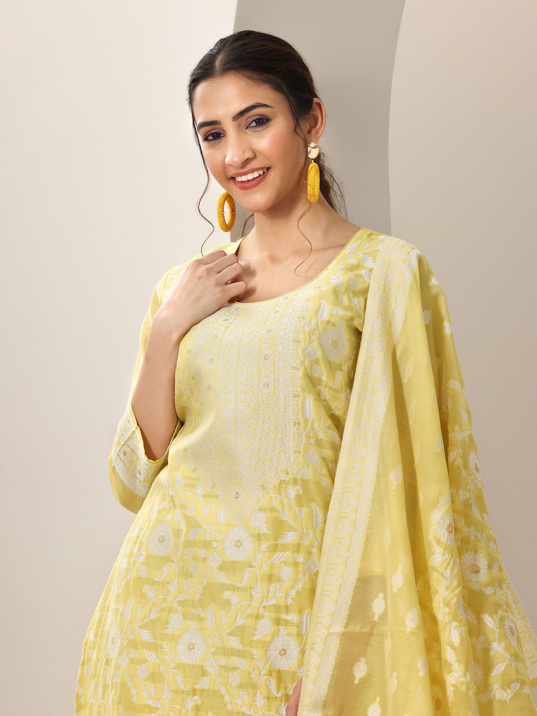 Yellow Woven Design Chanderi Silk Straight Suit Set With Dupatta