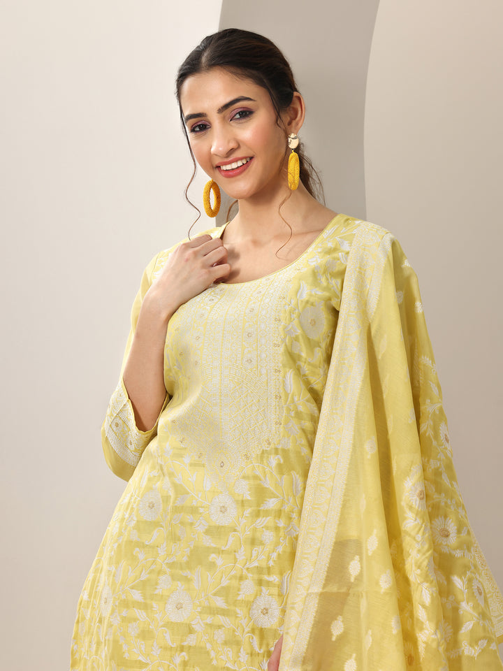Yellow Woven Design Chanderi Silk Straight Suit Set With Dupatta
