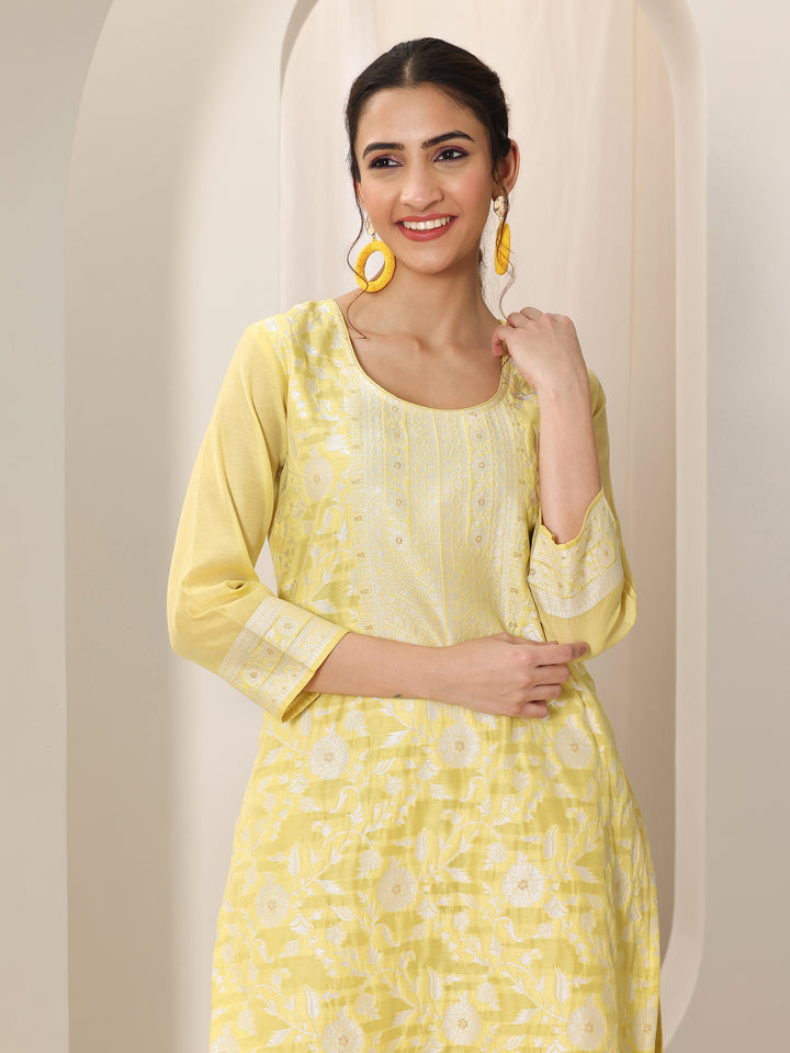 Yellow Woven Design Chanderi Silk Straight Suit Set With Dupatta
