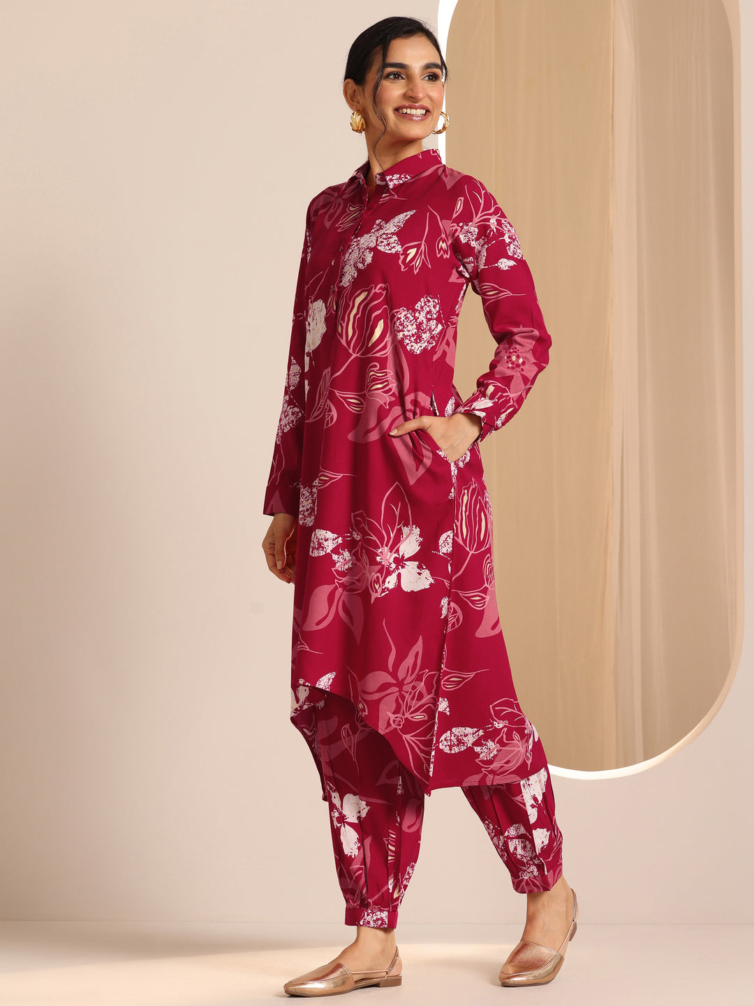 Pink Printed  Straight Kurta Set