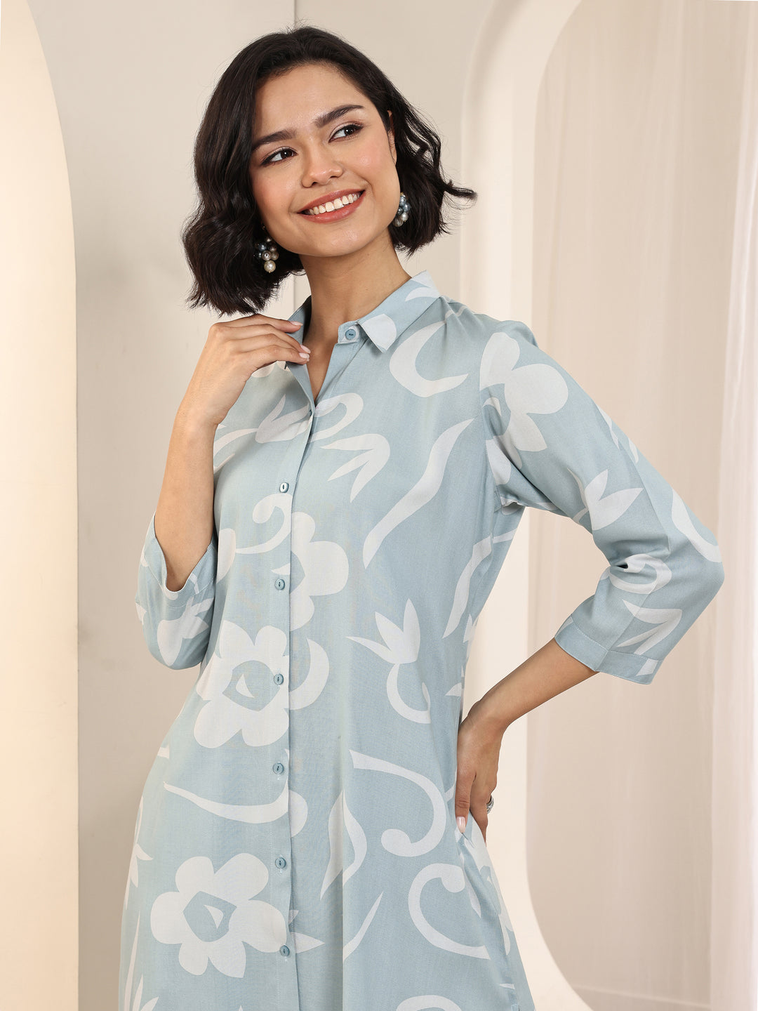 Blue Printed Rayon Straight Kurta Set