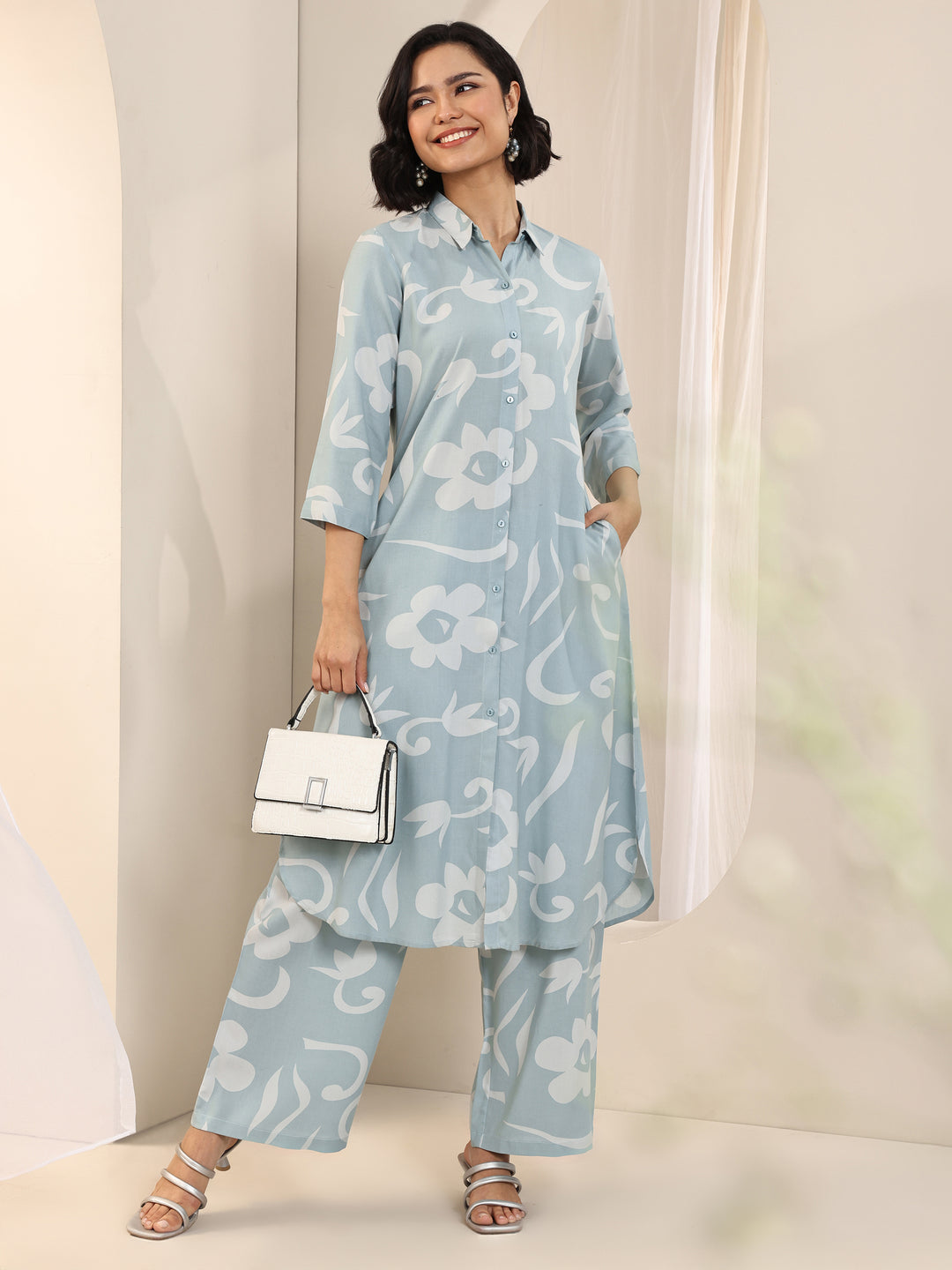 Blue Printed Rayon Straight Kurta Set