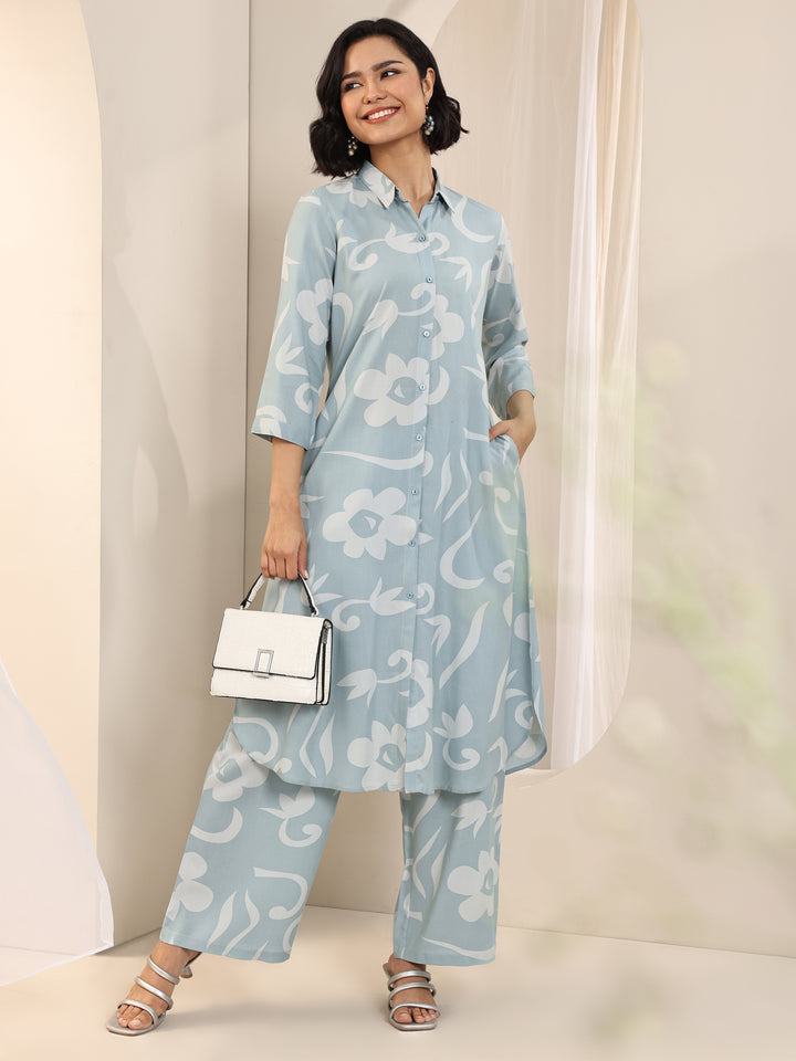 Blue Printed Rayon Straight Kurta Set