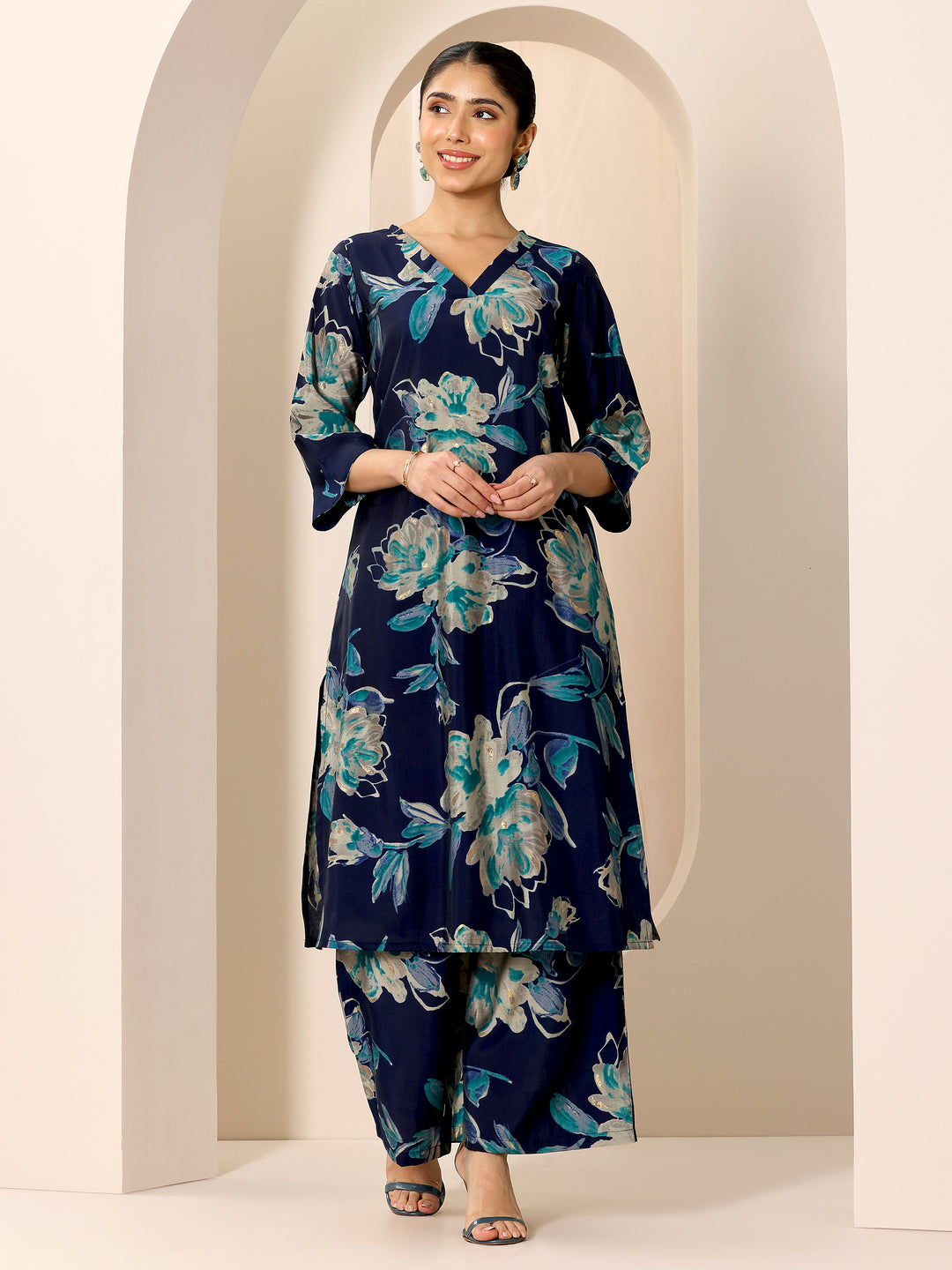 Blue Printed Silk Blend Straight Kurta Set