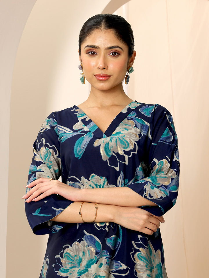 Blue Printed Silk Blend Straight Kurta Set