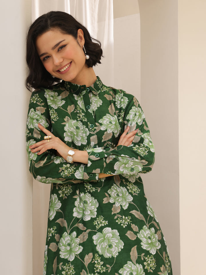 Green Printed Silk Blend Straight Kurta Set