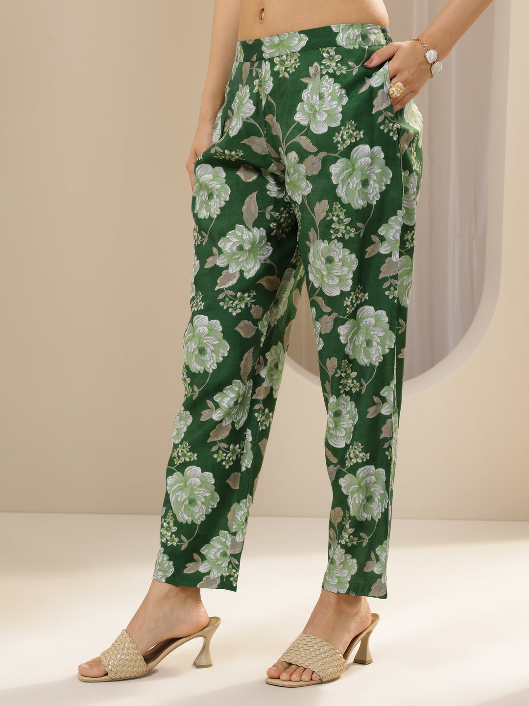 Green Printed Silk Blend Straight Kurta Set