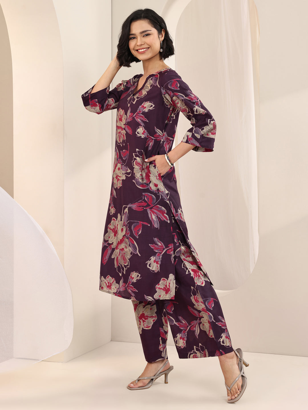 Burgundy Printed Silk Blend Straight Kurta Set