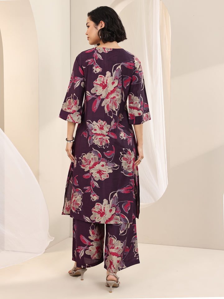 Burgundy Printed Silk Blend Straight Kurta Set