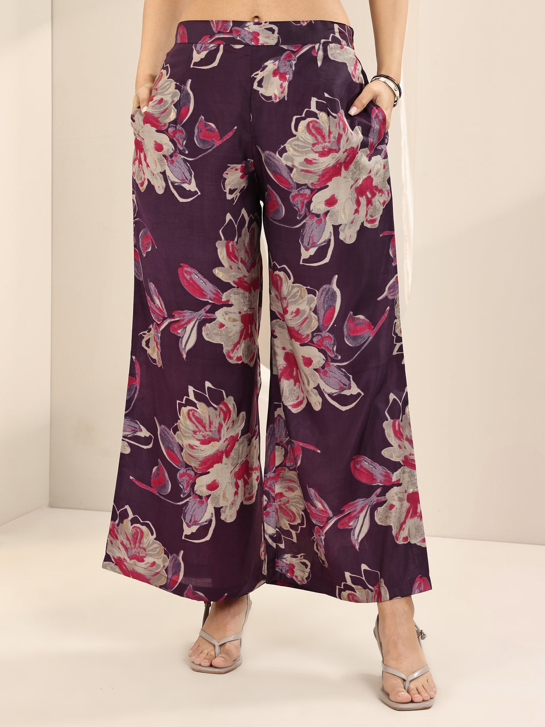 Burgundy Printed Silk Blend Straight Kurta Set