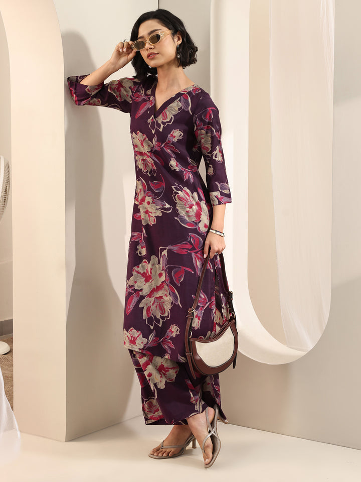 Burgundy Printed Silk Blend Straight Kurta Set