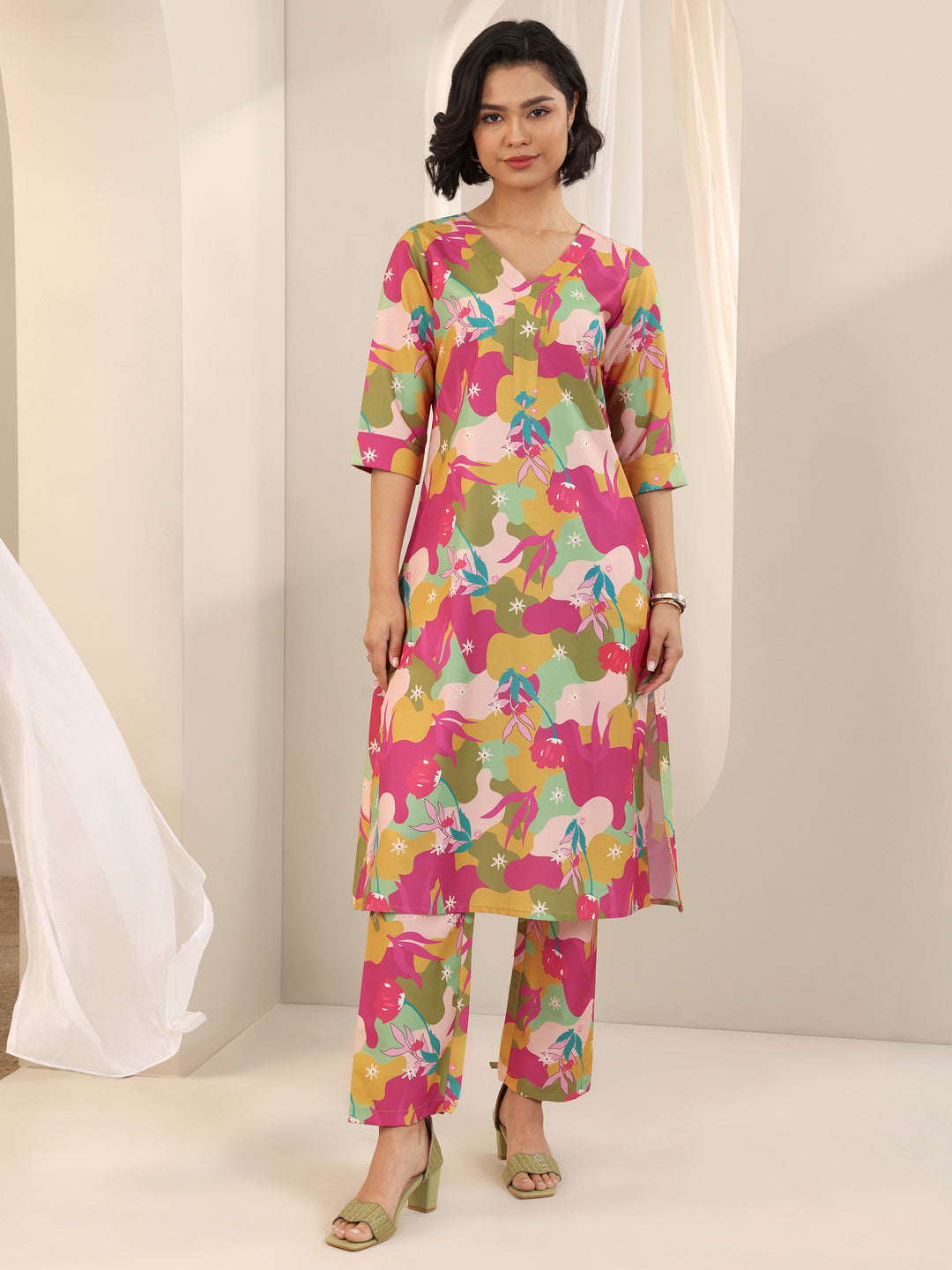 Multi Printed Cotton Blend Straight Kurta Set