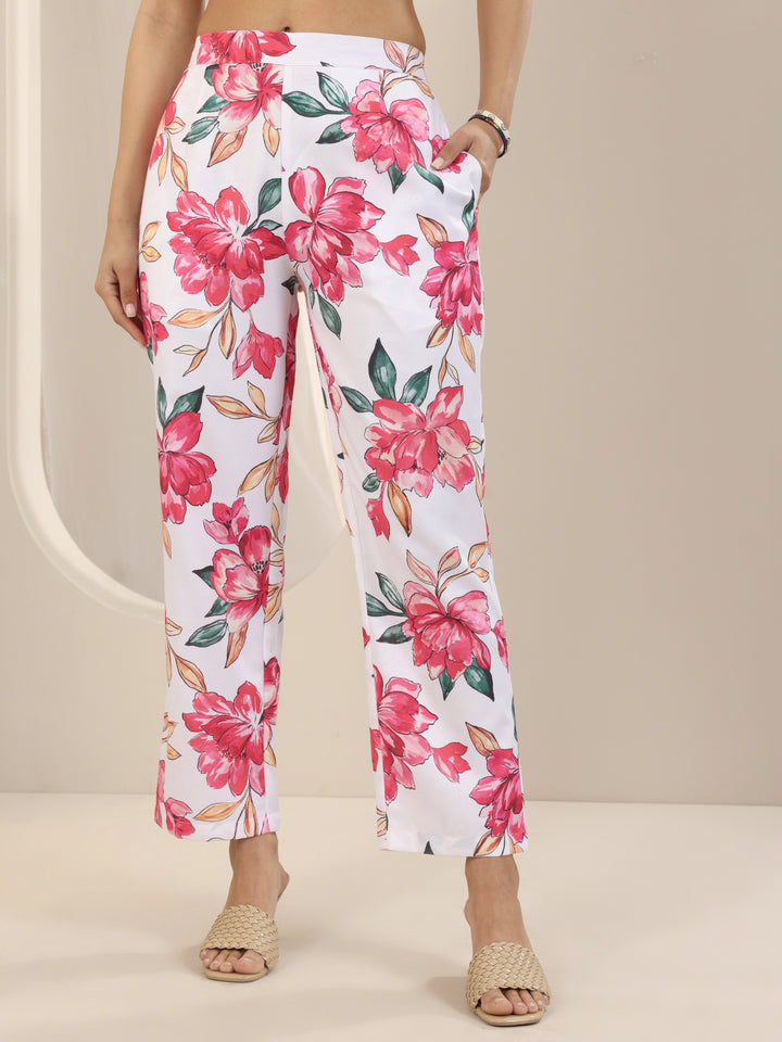 White Printed Cotton Blend Straight Kurta Set