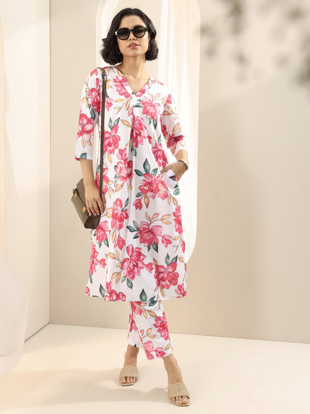 White Printed Cotton Blend Straight Kurta Set