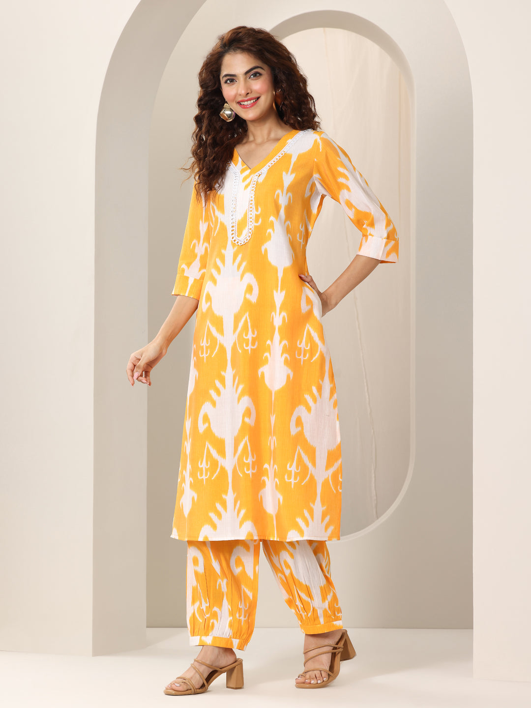 Mustard Printed Silk Blend Straight Kurta Set