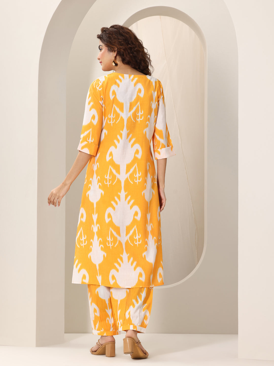 Mustard Printed Silk Blend Straight Kurta Set