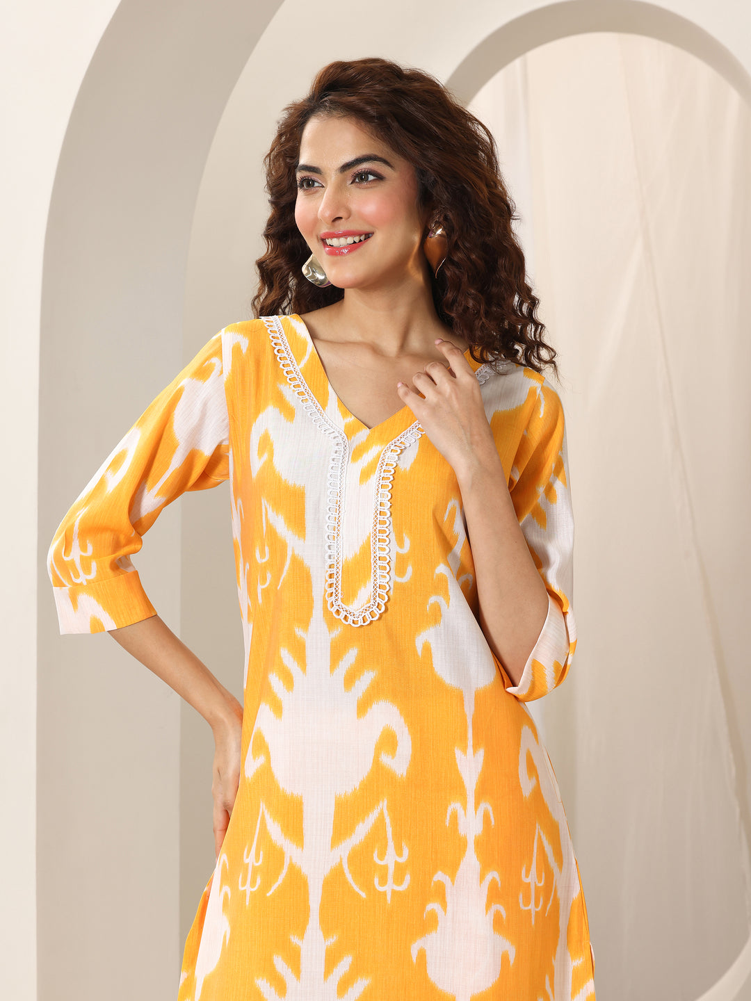 Mustard Printed Silk Blend Straight Kurta Set
