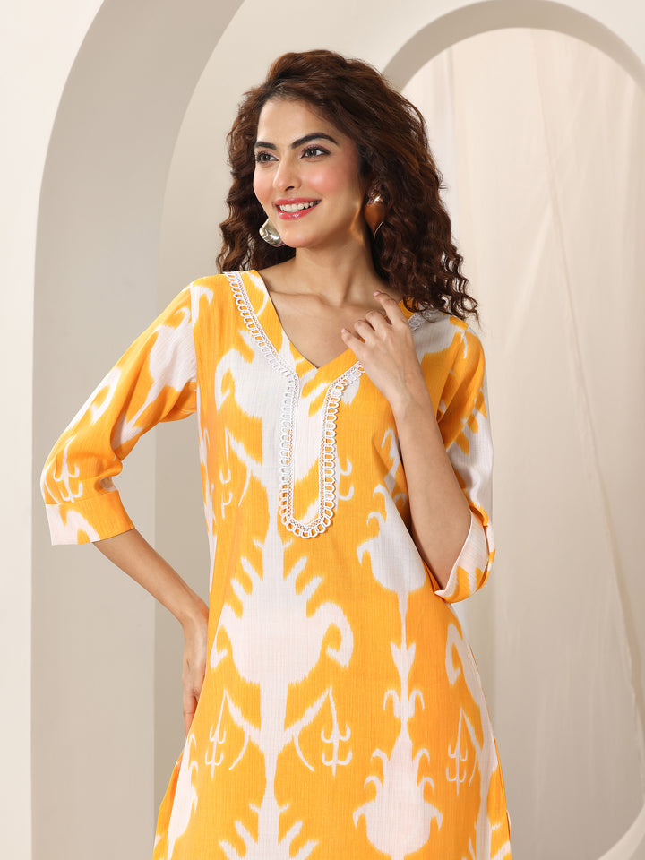Mustard Printed Silk Blend Straight Kurta Set